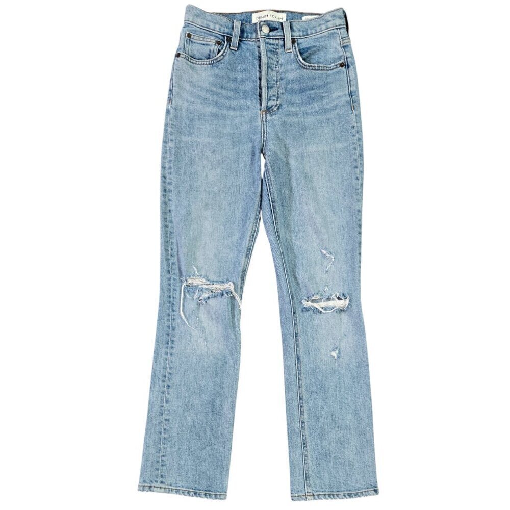 Denim Forum The Arlo High Rise Straight 28L Jean Light Wash Distressed Aritzia